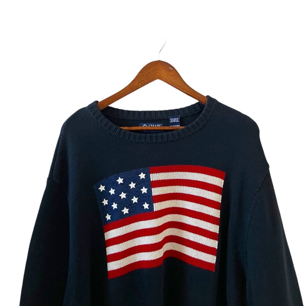 Chaps Navy Crewneck Sweater with American Flag - Picture 2 of 11